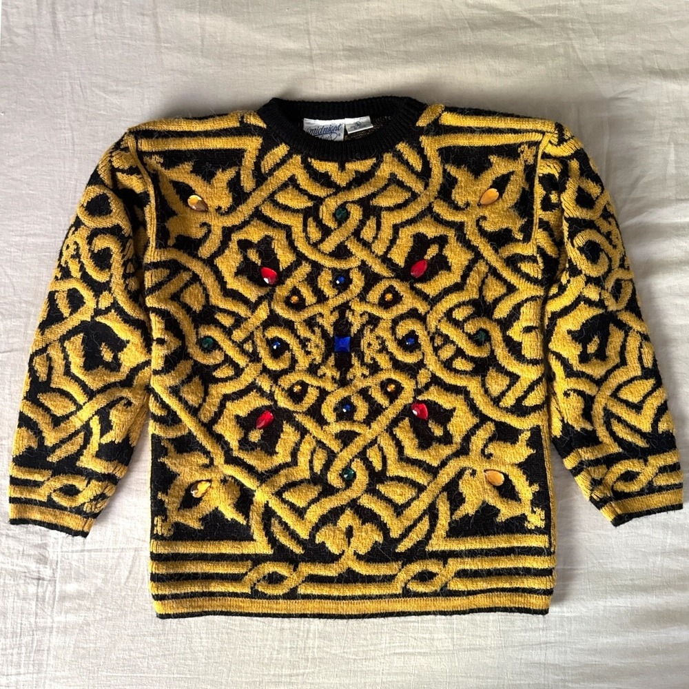 80's/90's Vintage Midnight Blues Womens‎ Embellished Small Sweater Jewel Fuzzy - Picture 3 of 12